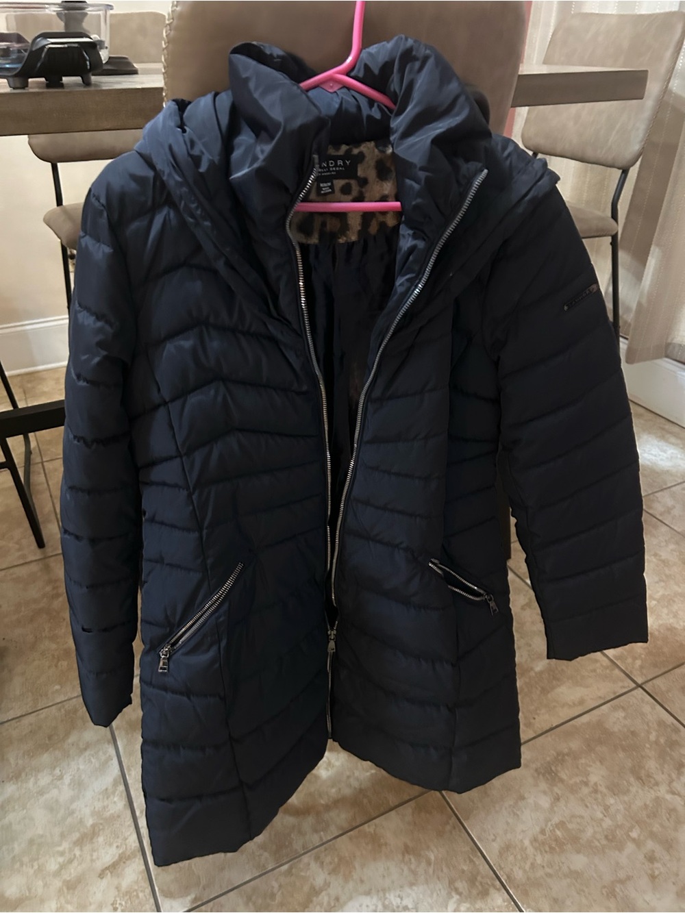 Laundry By Shelli Segal Navy Quilted Hooded Puffer Coat with Zip Pockets